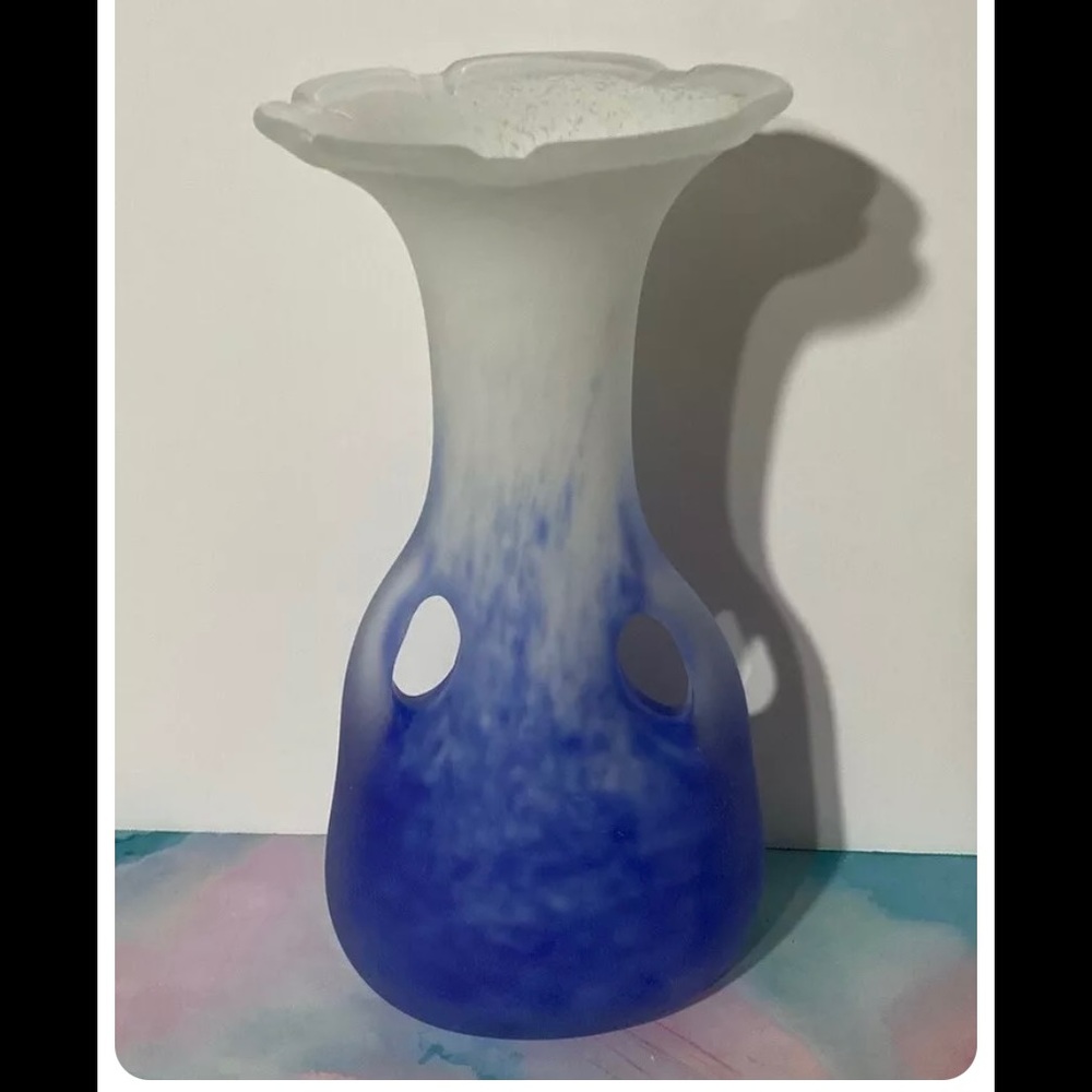 *SOLD* 9” Cobalt Blue & White Satin Finish Vase w/Handle ~Handblown Art Glass